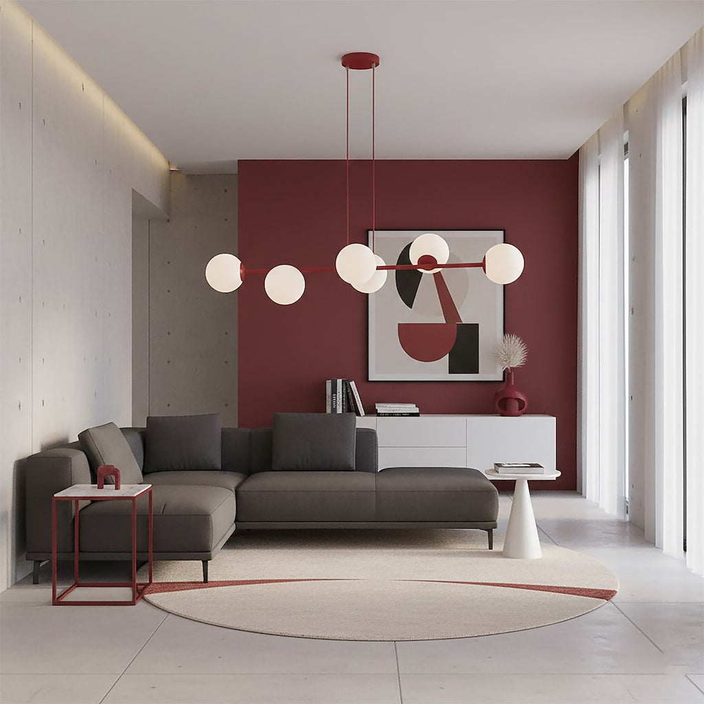 Hanglamp gepoedercoat staal en glas modern Magnus bordeaux met witte kappen 110 x 30 cm, 6 lichts