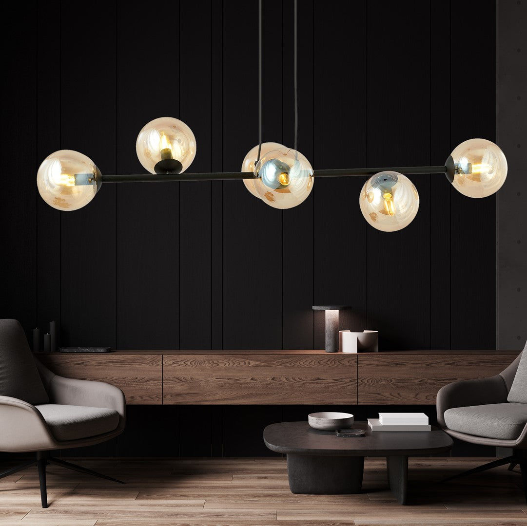Hanglamp gepoedercoat staal en glas Rossi, zwart met amber glas, 6 lichts, 110 x 100 cm, woonkamer en eetkamer