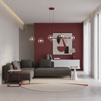 Hanglamp gepoedercoat staal en glas Magnus, bordeaux met transparante glazen kappen, 6 lichts, 110 cm breed