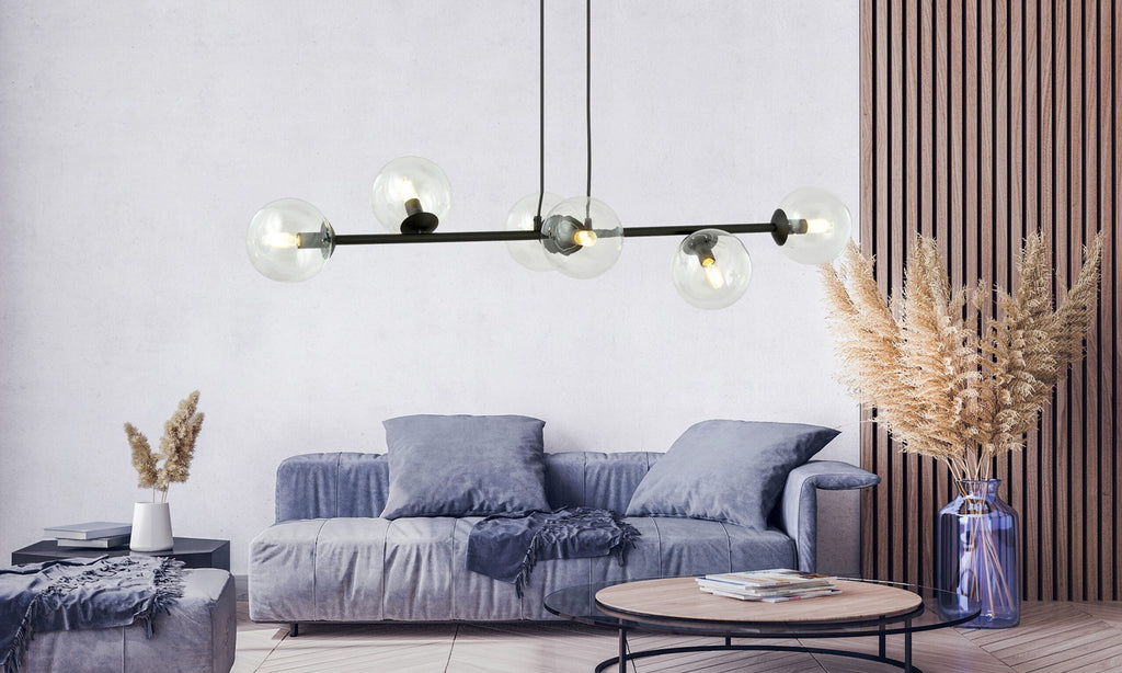 Hanglamp Rossi staal en glas, modern, zwart met transparante kappen, 110 x 100 cm, 6 lichtpunten, eettafel en zithoek