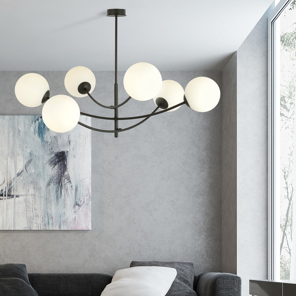 Plafondlamp gepoedercoat staal en glas Hunter 6 lichtpunten, modern, zwart met wit glas – 89 x 63 cm