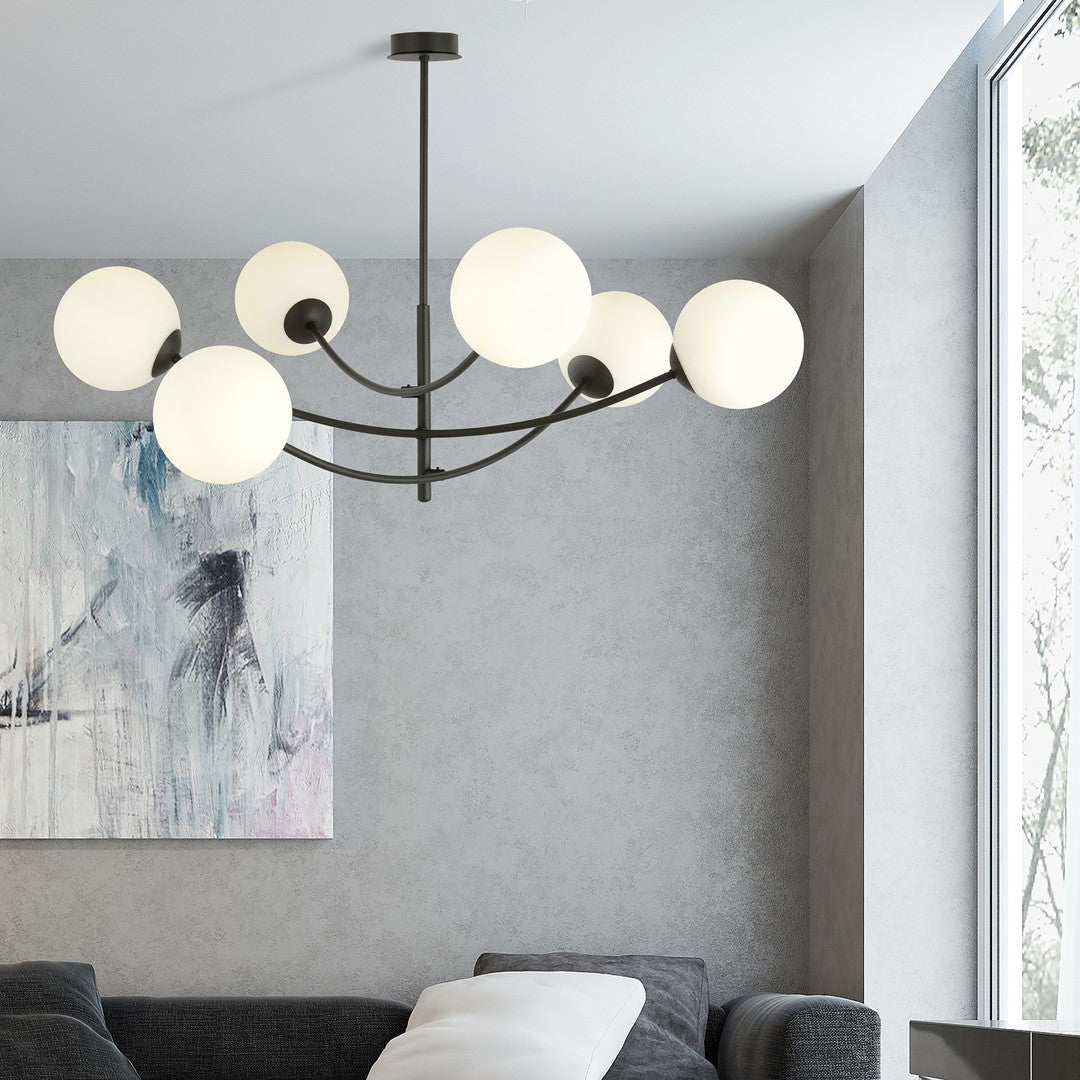 Plafondlamp gepoedercoat staal en glas Hunter 6 lichtpunten, modern, zwart met wit glas – 89 x 63 cm