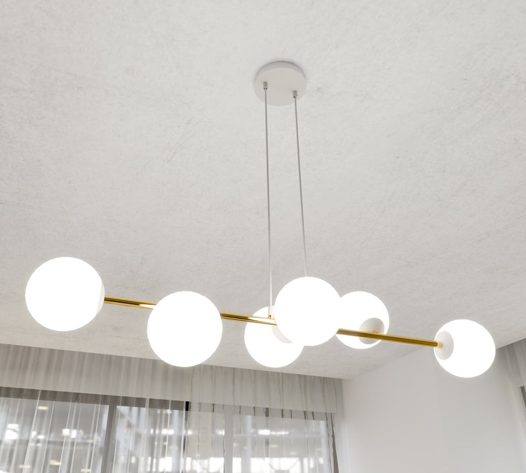Hanglamp Gravity gepoedercoat staal en glas wit met goud, 6 lichtpunten, 110 x 100 cm, eettafel en woonkamer