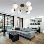 Plafondlamp 6 lichts glas en gepoedercoat staal, glamour zwart en goud met witte kappen, 75 cm breed