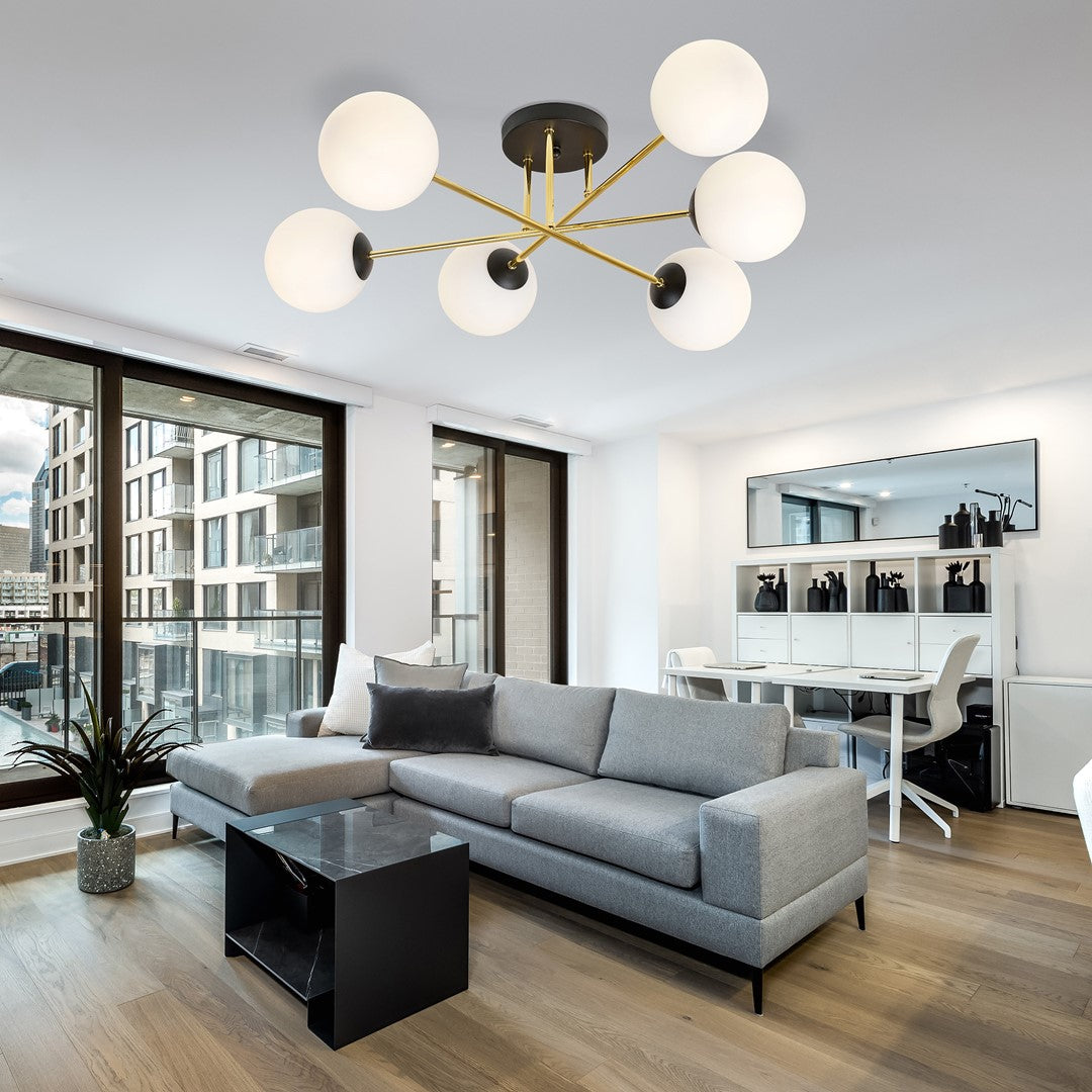 Plafondlamp 6 lichts glas en gepoedercoat staal, glamour zwart en goud met witte kappen, 75 cm breed