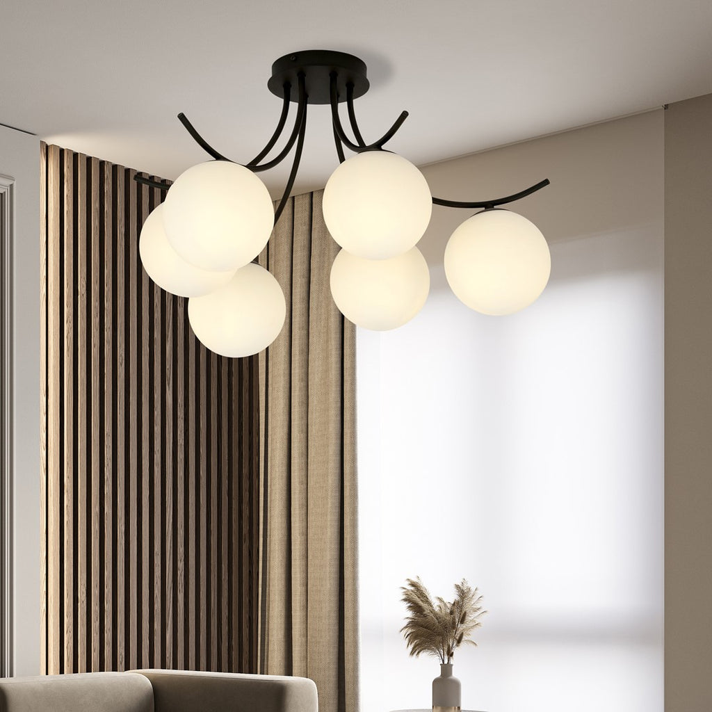 Plafondlamp Boston gepoedercoat staal en glas, zwart met witte kappen, 6 lichts, 70 x 37 cm