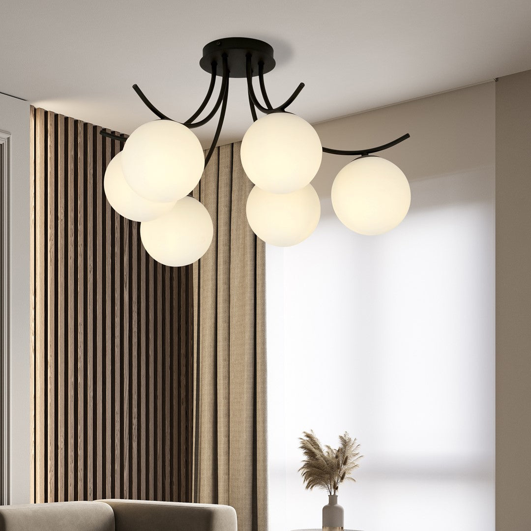 Plafondlamp Boston gepoedercoat staal en glas, zwart met witte kappen, 6 lichts, 70 x 37 cm