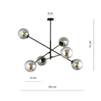 Hanglamp gepoedercoat staal en glas Linear zwart met grafiet kappen, 6 lichts, 102 x 51 cm, eettafel