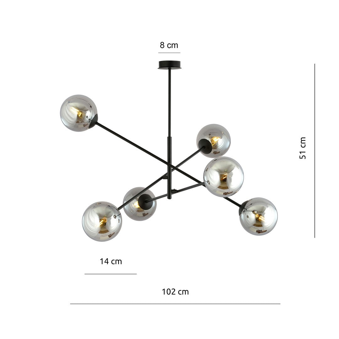 Hanglamp gepoedercoat staal en glas Linear zwart met grafiet kappen, 6 lichts, 102 x 51 cm, eettafel