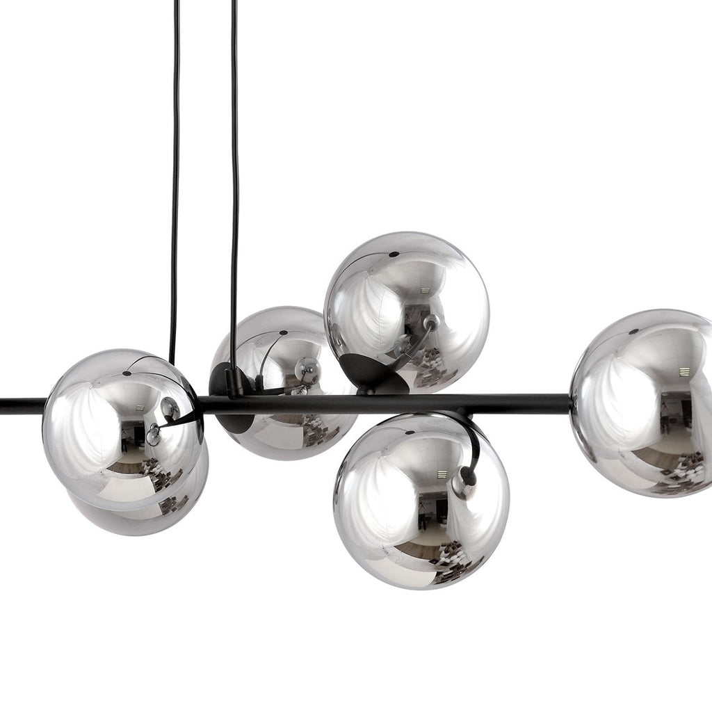 Hanglamp staal en glas Rossi zwart met grafiet glazen kappen 110 cm, 6 lichts, voor eettafel en woonkamer