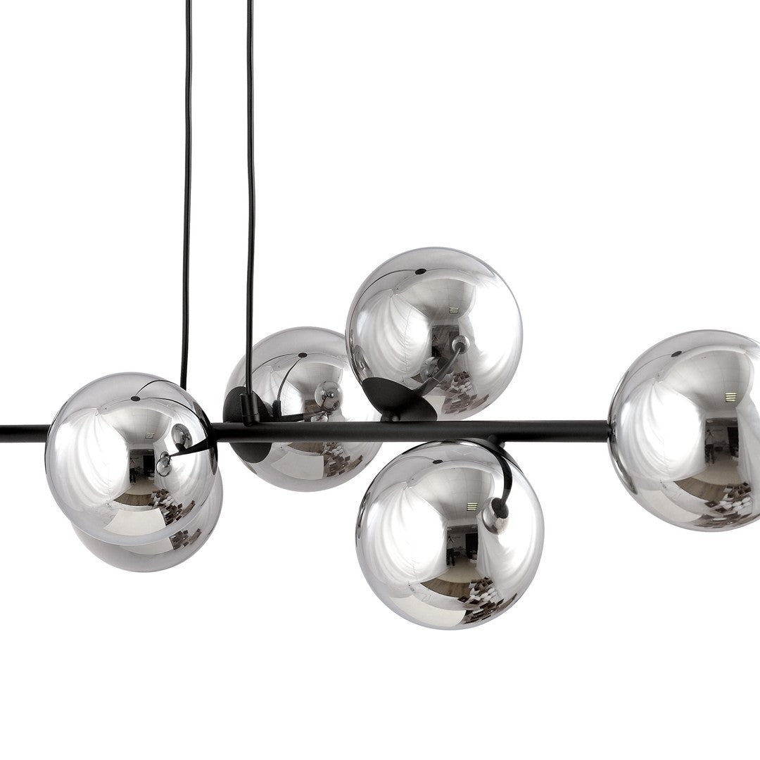 Hanglamp staal en glas Rossi zwart met grafiet glazen kappen 110 cm, 6 lichts, voor eettafel en woonkamer