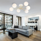 Plafondlamp gepoedercoat staal en glas Magnum, wit en goud, 6 lichts, 75 cm breed, woonkamer en eettafel