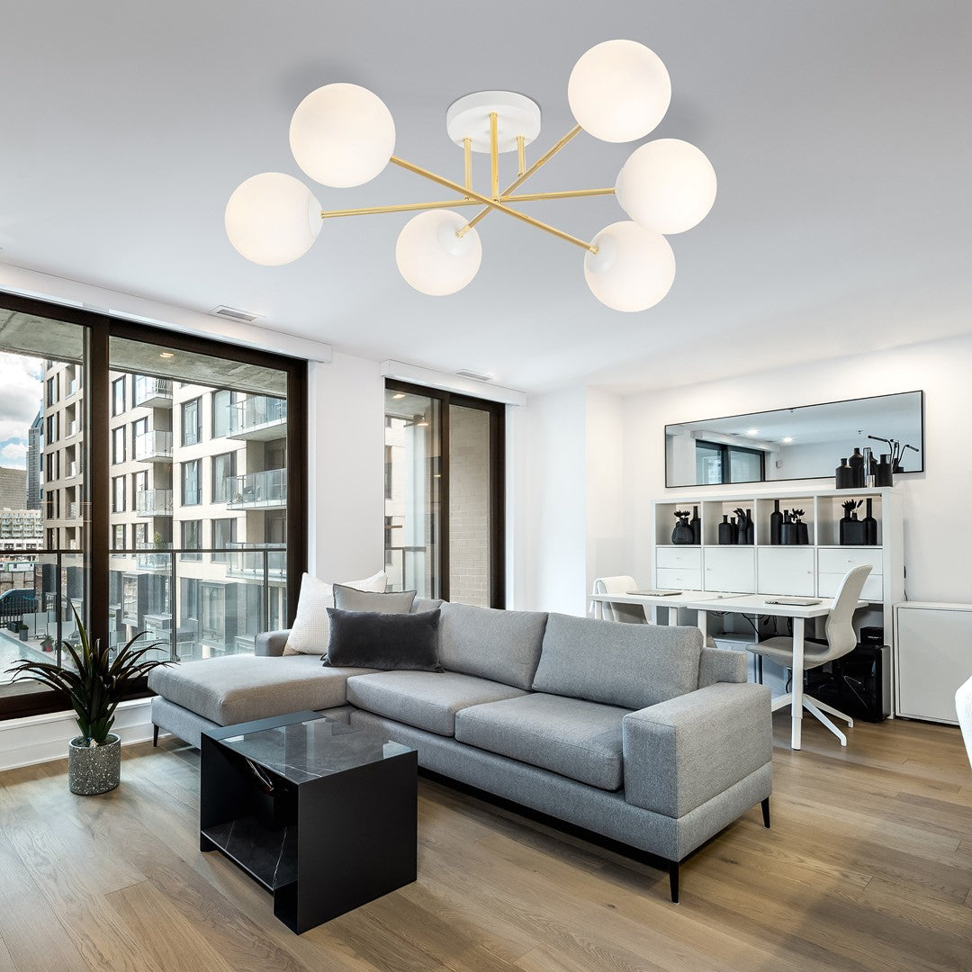 Plafondlamp gepoedercoat staal en glas Magnum, wit en goud, 6 lichts, 75 cm breed, woonkamer en eettafel