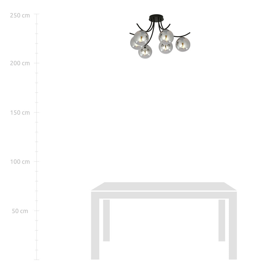 Plafondlamp gepoedercoat staal en glas Boston, zwart met grafiet kappen, 6 lichts, 70 cm breed, woonkamer