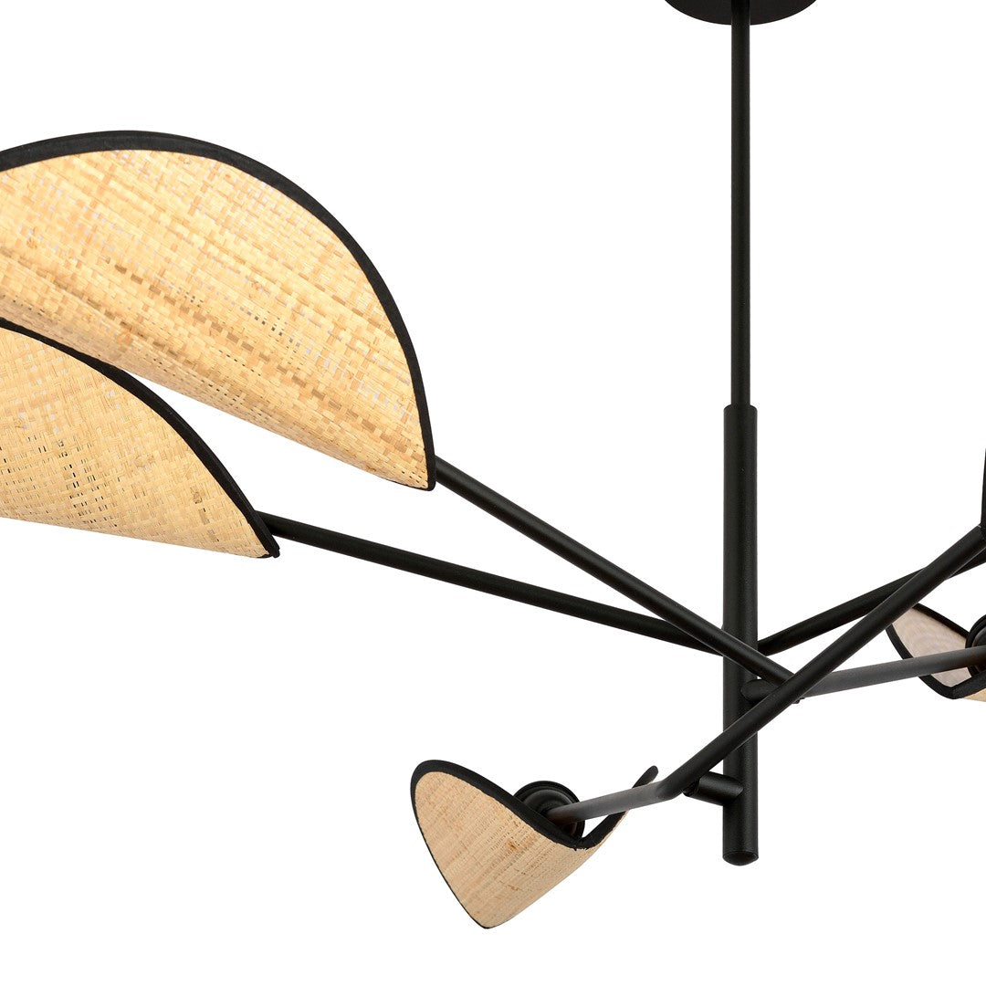 Plafondlamp gepoedercoat staal en rotan Vene, zwart met bruine kappen, 6 lichtpunten – 102 x 51 cm, woonkamer en slaapkamer