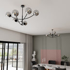 Plafondlamp gepoedercoat staal en glas Hunter zwart, grafiet kappen, 6 lichtpunten, 89 x 63 cm, eettafel of keukeneiland