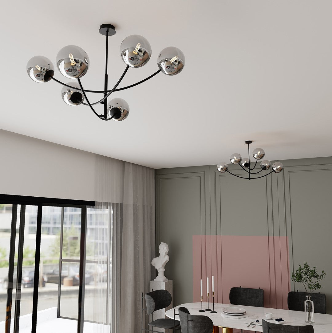 Plafondlamp gepoedercoat staal en glas Hunter zwart, grafiet kappen, 6 lichtpunten, 89 x 63 cm, eettafel of keukeneiland