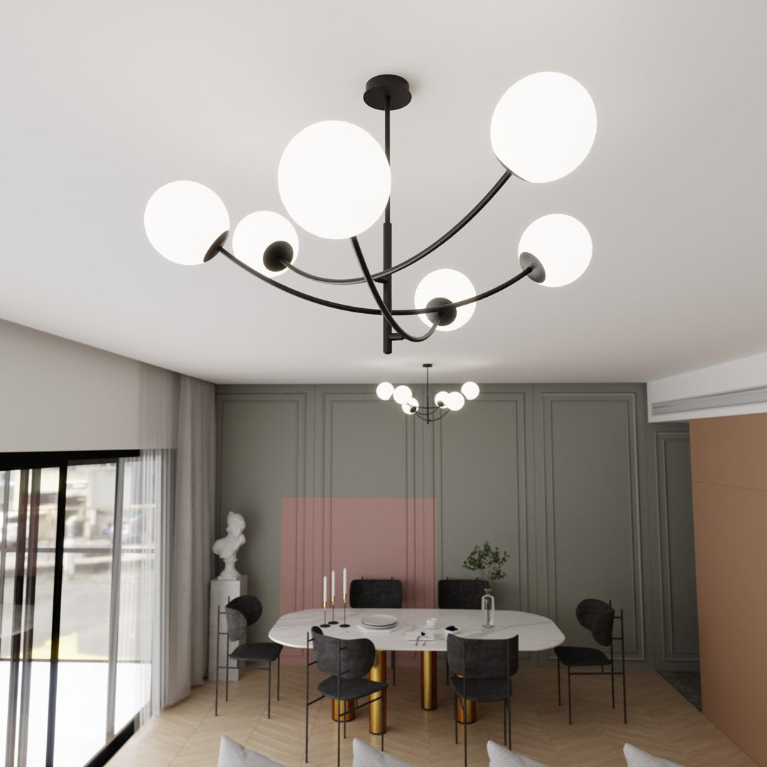 Plafondlamp gepoedercoat staal en glas Hunter 6 lichtpunten, modern, zwart met wit glas – 89 x 63 cm
