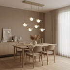 Hanglamp gepoedercoat staal en glas Ritual, beige met witte glazen bollen, 6 lampen, 75 cm breed