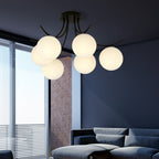 Plafondlamp Boston gepoedercoat staal en glas, zwart met witte kappen, 6 lichts, 70 x 37 cm