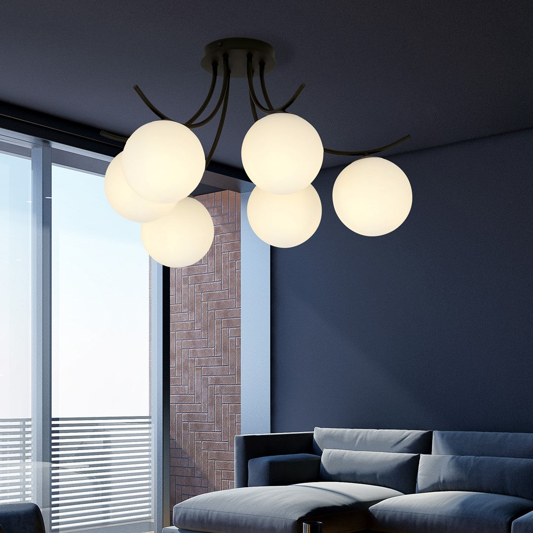 Plafondlamp Boston gepoedercoat staal en glas, zwart met witte kappen, 6 lichts, 70 x 37 cm