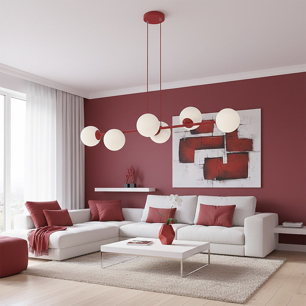 Hanglamp gepoedercoat staal en glas modern Magnus bordeaux met witte kappen 110 x 30 cm, 6 lichts