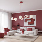 Hanglamp gepoedercoat staal en glas modern Magnus bordeaux met witte kappen 110 x 30 cm, 6 lichts