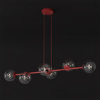 Hanglamp gepoedercoat staal en glas Magnus, bordeaux met transparante glazen kappen, 6 lichts, 110 cm breed