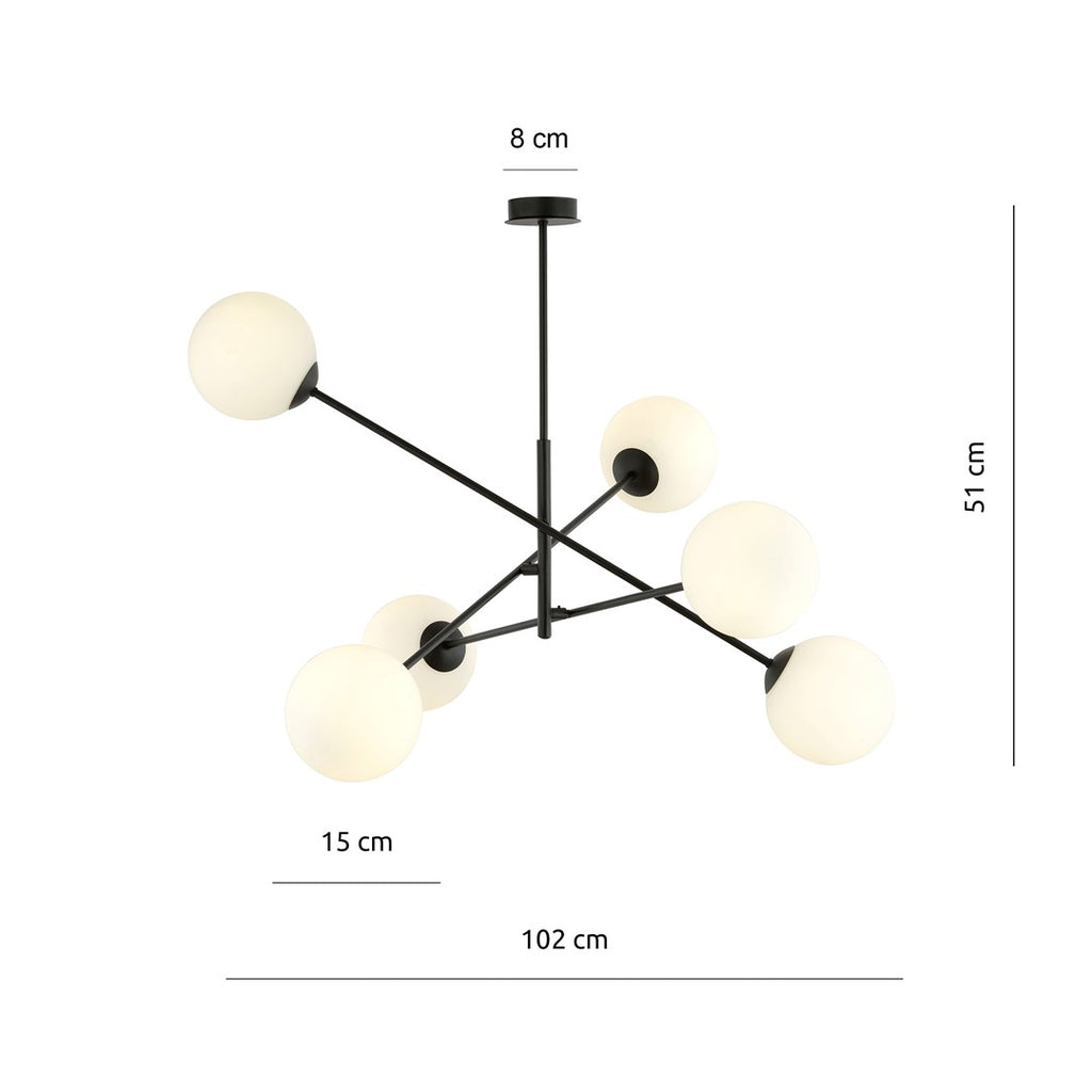Hanglamp 6 lichts gepoedercoat staal en glas, modern, zwart met wit opaal glas, 102 x 51 cm, eettafel en keuken