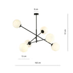 Hanglamp 6 lichts gepoedercoat staal en glas, modern, zwart met wit opaal glas, 102 x 51 cm, eettafel en keuken