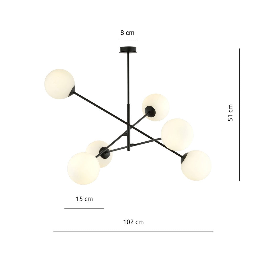 Hanglamp 6 lichts gepoedercoat staal en glas, modern, zwart met wit opaal glas, 102 x 51 cm, eettafel en keuken