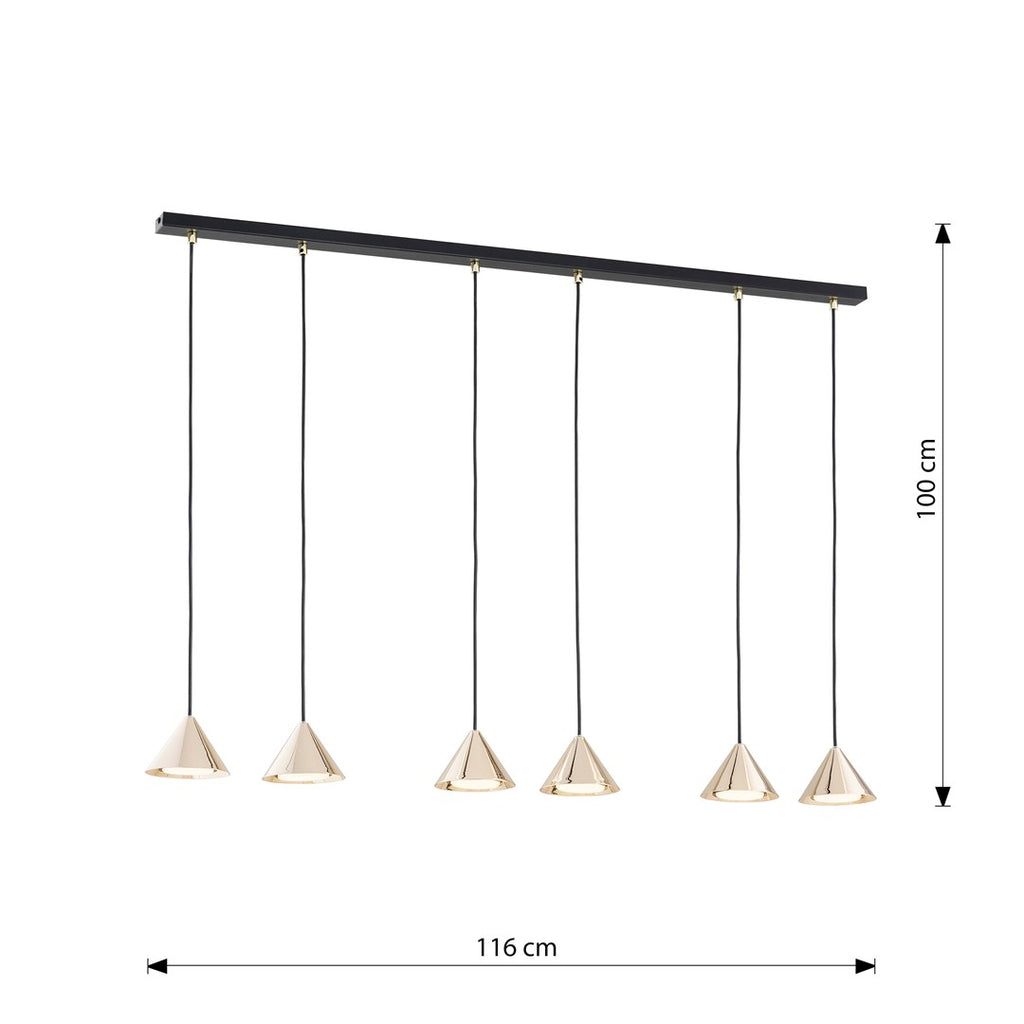 Hanglamp gepoedercoat staal minimalistisch Elit zwart en goud, 6 lichtpunten, 116 cm breed, eettafel