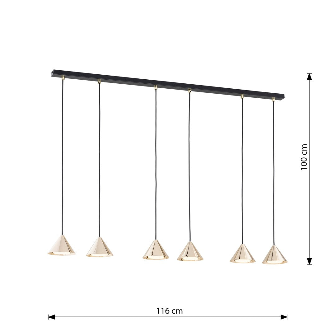 Hanglamp gepoedercoat staal minimalistisch Elit zwart en goud, 6 lichtpunten, 116 cm breed, eettafel