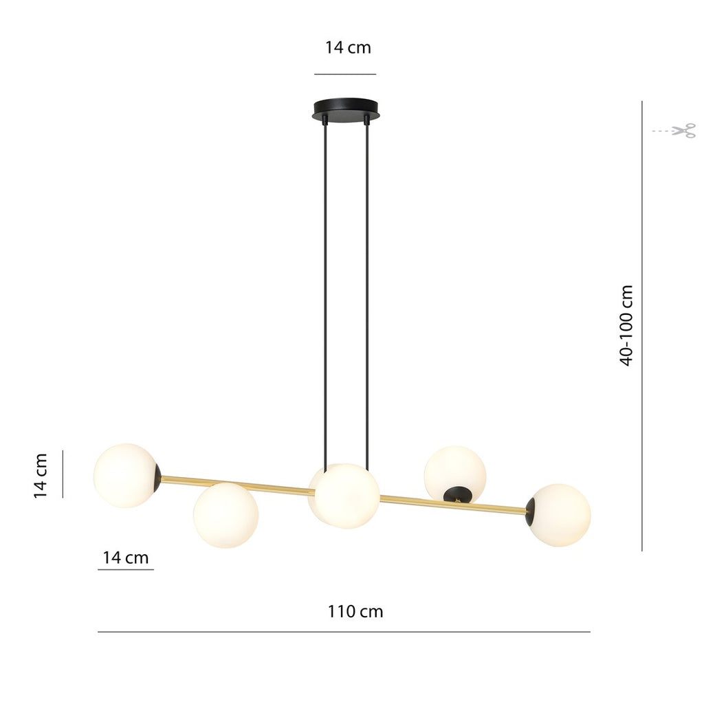 Hanglamp gepoedercoat staal en glas Gravity, zwart met goud en witte glazen kappen, 6 lichts, 110 cm breed