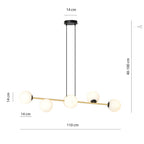 Hanglamp gepoedercoat staal en glas Gravity, zwart met goud en witte glazen kappen, 6 lichts, 110 cm breed