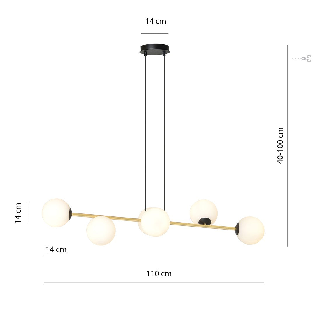 Hanglamp gepoedercoat staal en glas Gravity, zwart met goud en witte glazen kappen, 6 lichts, 110 cm breed