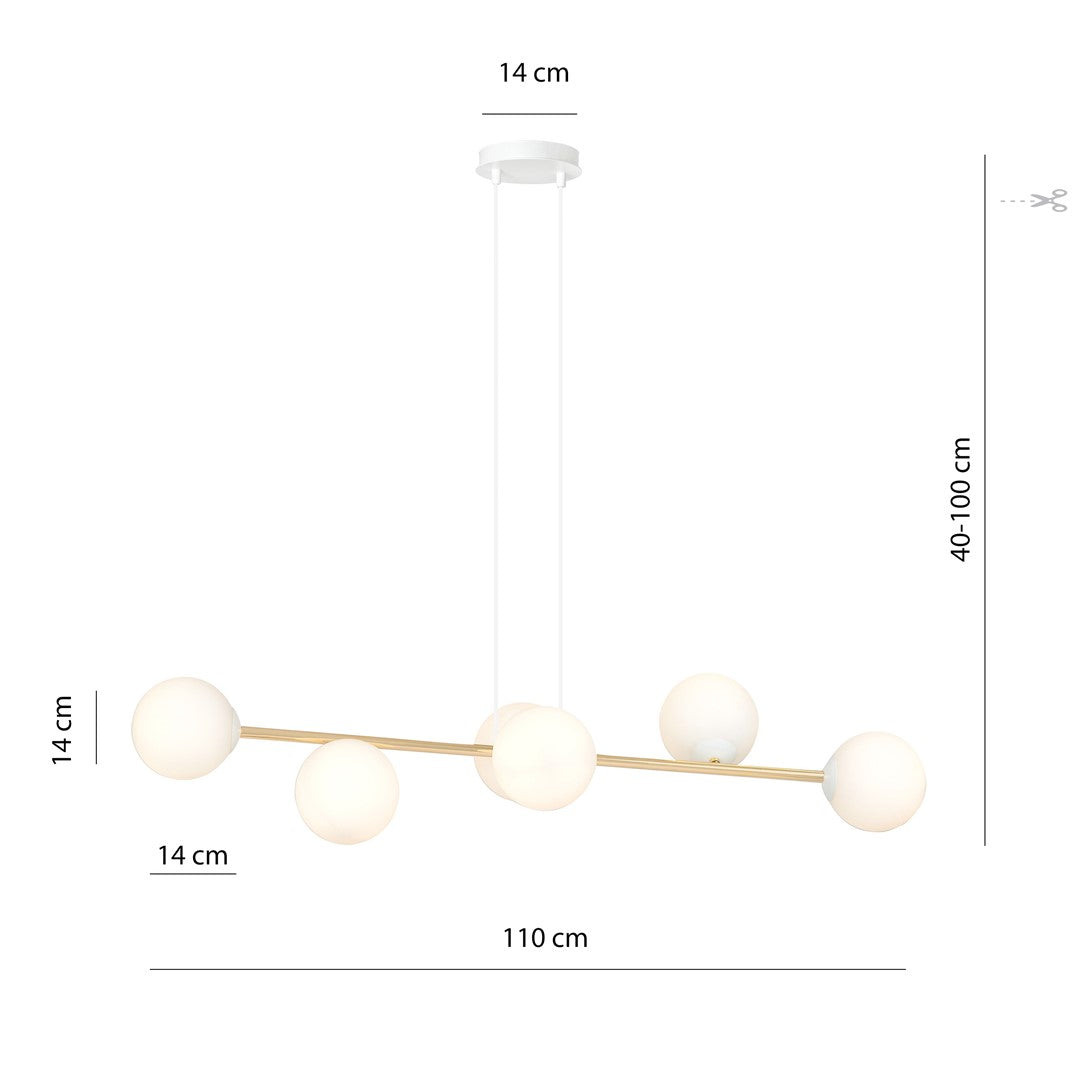 Hanglamp Gravity gepoedercoat staal en glas wit met goud, 6 lichtpunten, 110 x 100 cm, eettafel en woonkamer