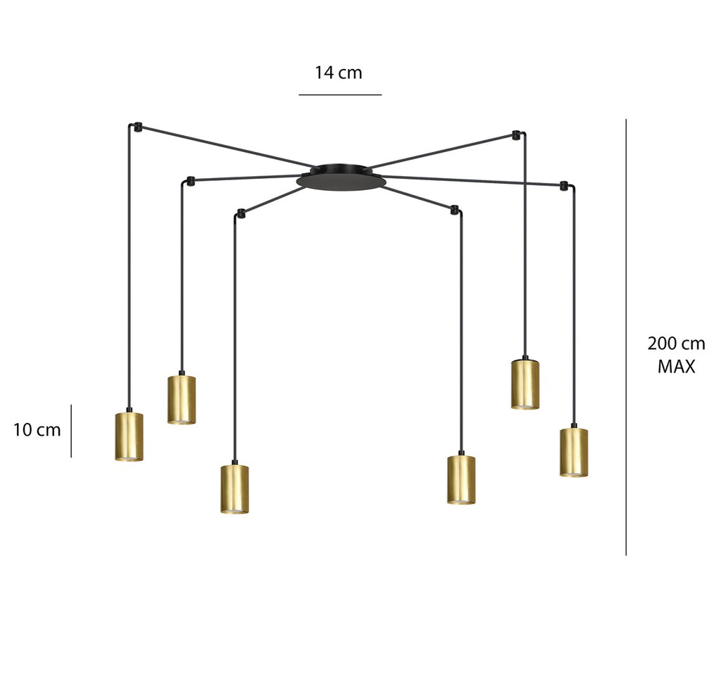 Hanglamp gepoedercoat staal modern Traker zwart met goud, 6 fittingen, verstelbare hoogte