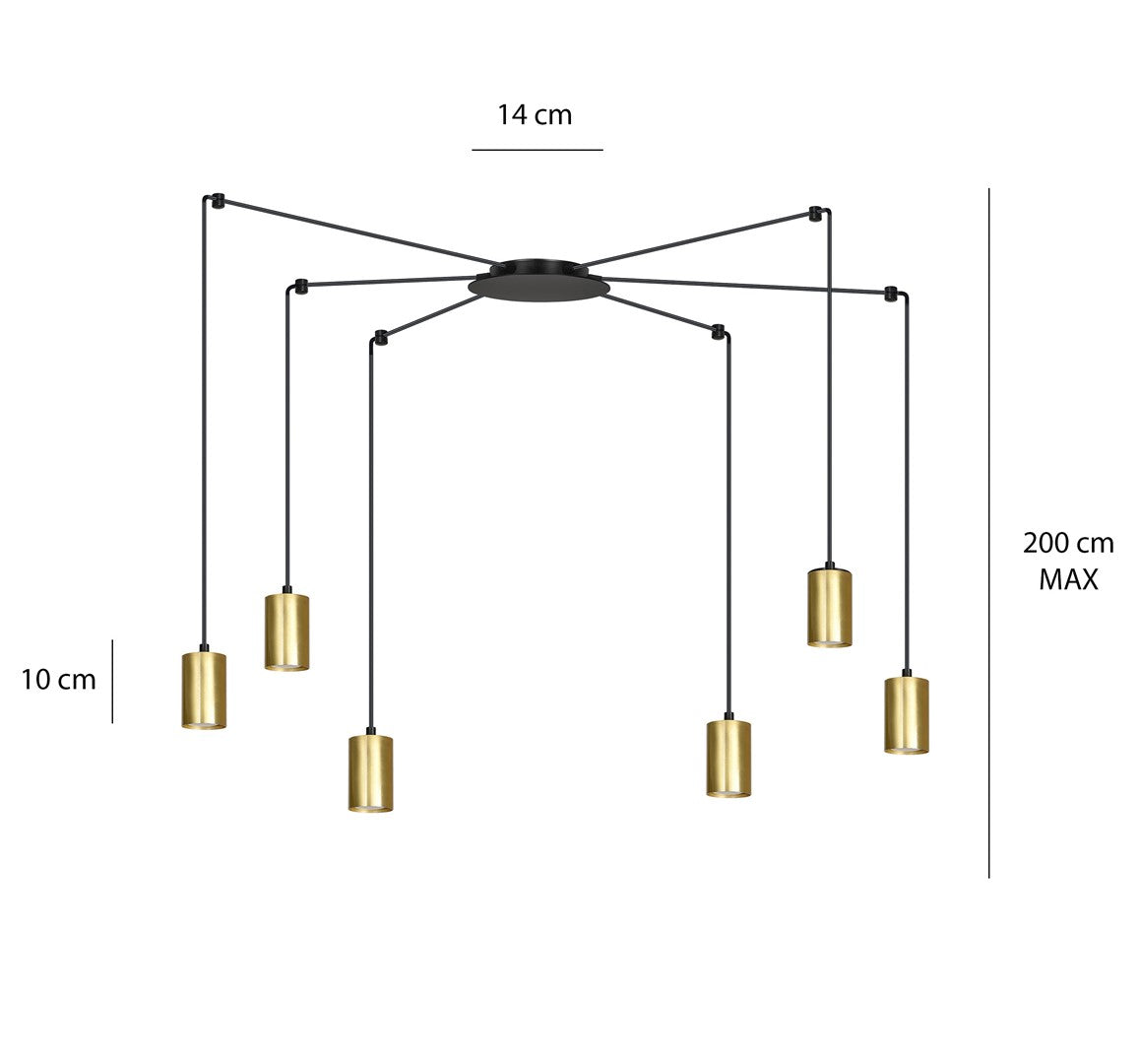Hanglamp gepoedercoat staal modern Traker zwart met goud, 6 fittingen, verstelbare hoogte
