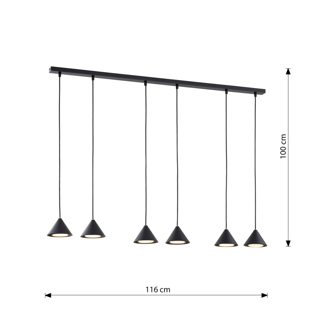 Hanglamp gepoedercoat staal Elit minimalistisch zwart, 6 lichtpunten, 116 cm breed, voor eettafel