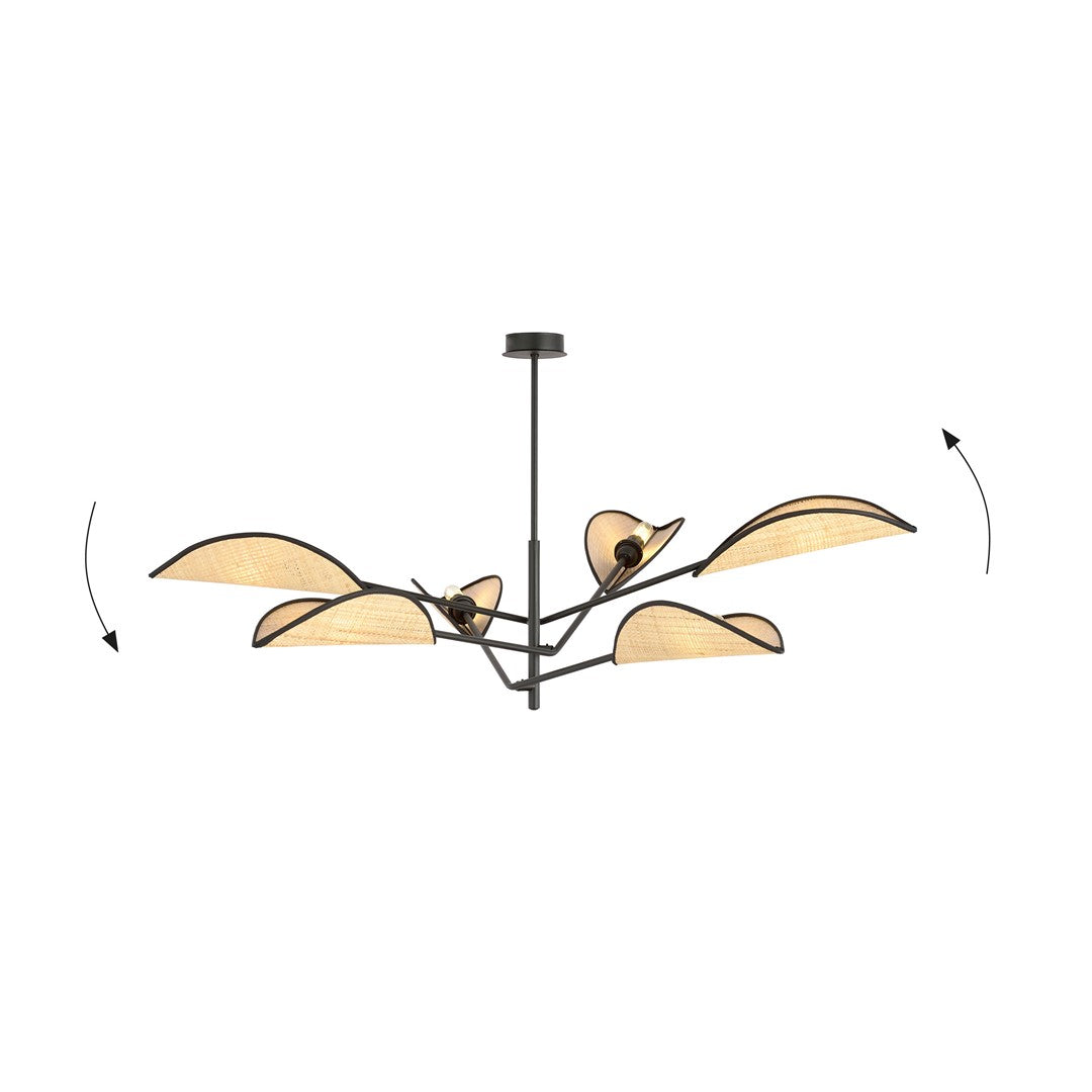 Plafondlamp gepoedercoat staal en rotan Vene, zwart met bruine kappen, 6 lichtpunten – 102 x 51 cm, woonkamer en slaapkamer