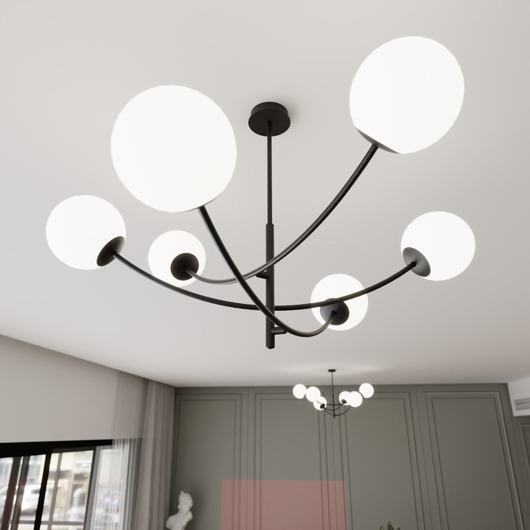 Plafondlamp gepoedercoat staal en glas Hunter 6 lichtpunten, modern, zwart met wit glas – 89 x 63 cm