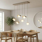 Hanglamp gepoedercoat staal en glas Ritual, beige met witte glazen bollen, 6 lampen, 75 cm breed