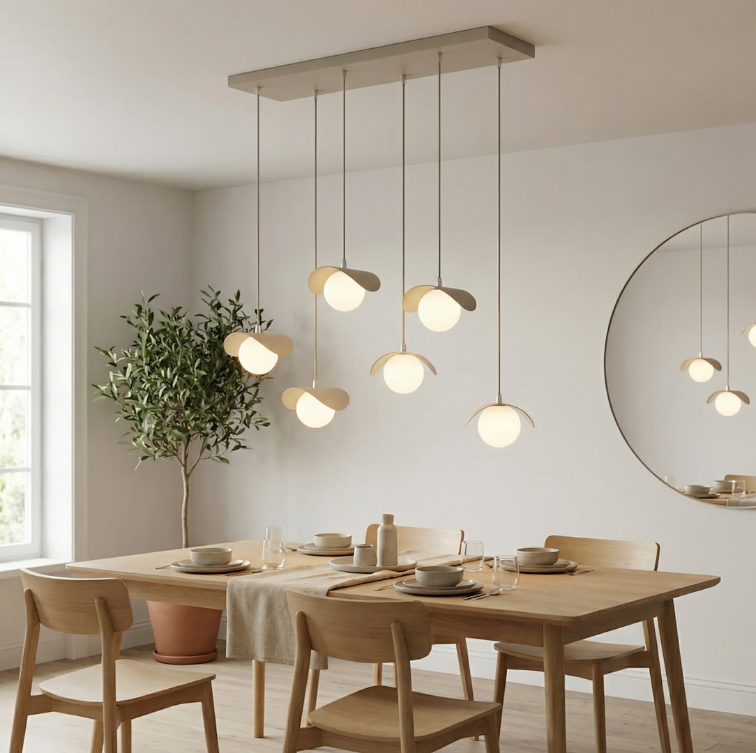 Hanglamp gepoedercoat staal en glas Ritual, beige met witte glazen bollen, 6 lampen, 75 cm breed