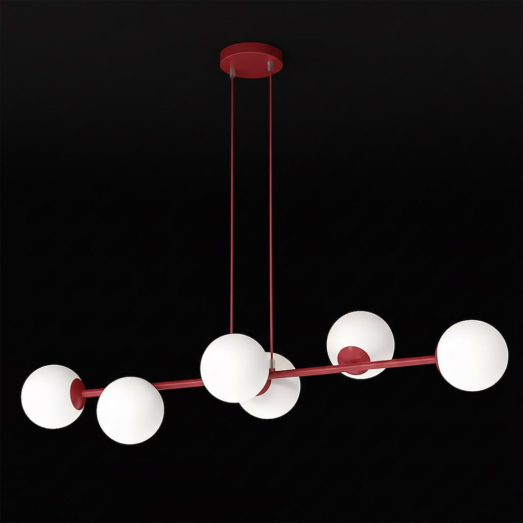 Hanglamp gepoedercoat staal en glas modern Magnus bordeaux met witte kappen 110 x 30 cm, 6 lichts