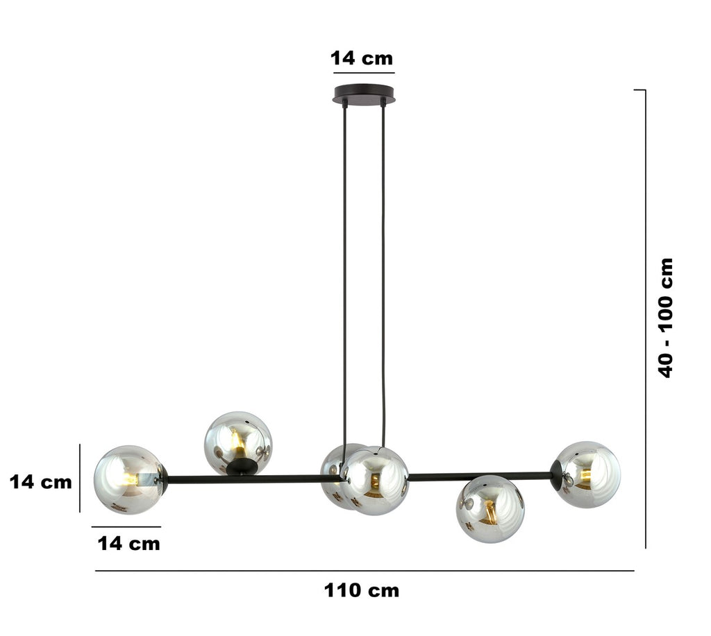 Hanglamp staal en glas Rossi zwart met grafiet glazen kappen 110 cm, 6 lichts, voor eettafel en woonkamer