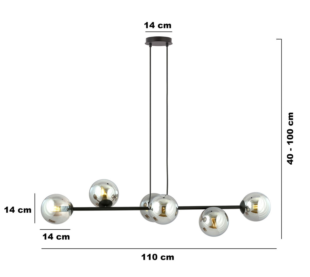 Hanglamp staal en glas Rossi zwart met grafiet glazen kappen 110 cm, 6 lichts, voor eettafel en woonkamer