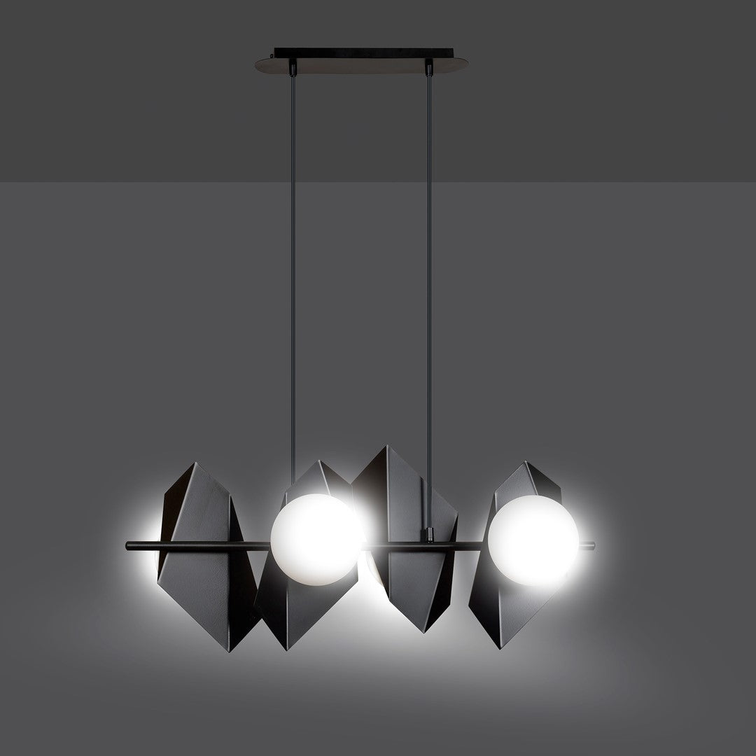 Hanglamp Drifton 4 lichts gepoedercoat staal en glas, modern, zwart met witte kappen, E14