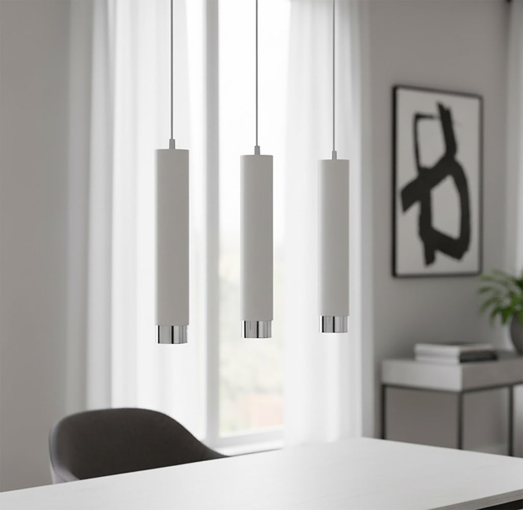 Hanglamp gepoedercoat staal modern Kibo wit met chroom, 3 lichtpunten, 45 x 100 cm, eettafel keuken