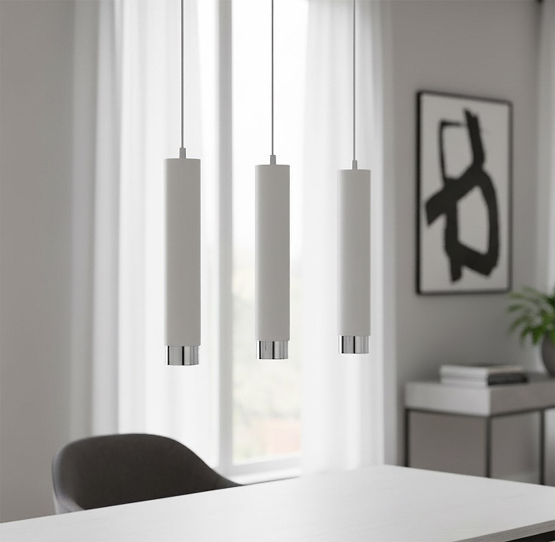 Hanglamp gepoedercoat staal modern Kibo wit met chroom, 3 lichtpunten, 45 x 100 cm, eettafel keuken